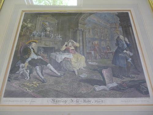Marriage A-La-Mode Plate II by William Hogarth. Hand Coloured Copper Engraving 1822. Framed. Baron.